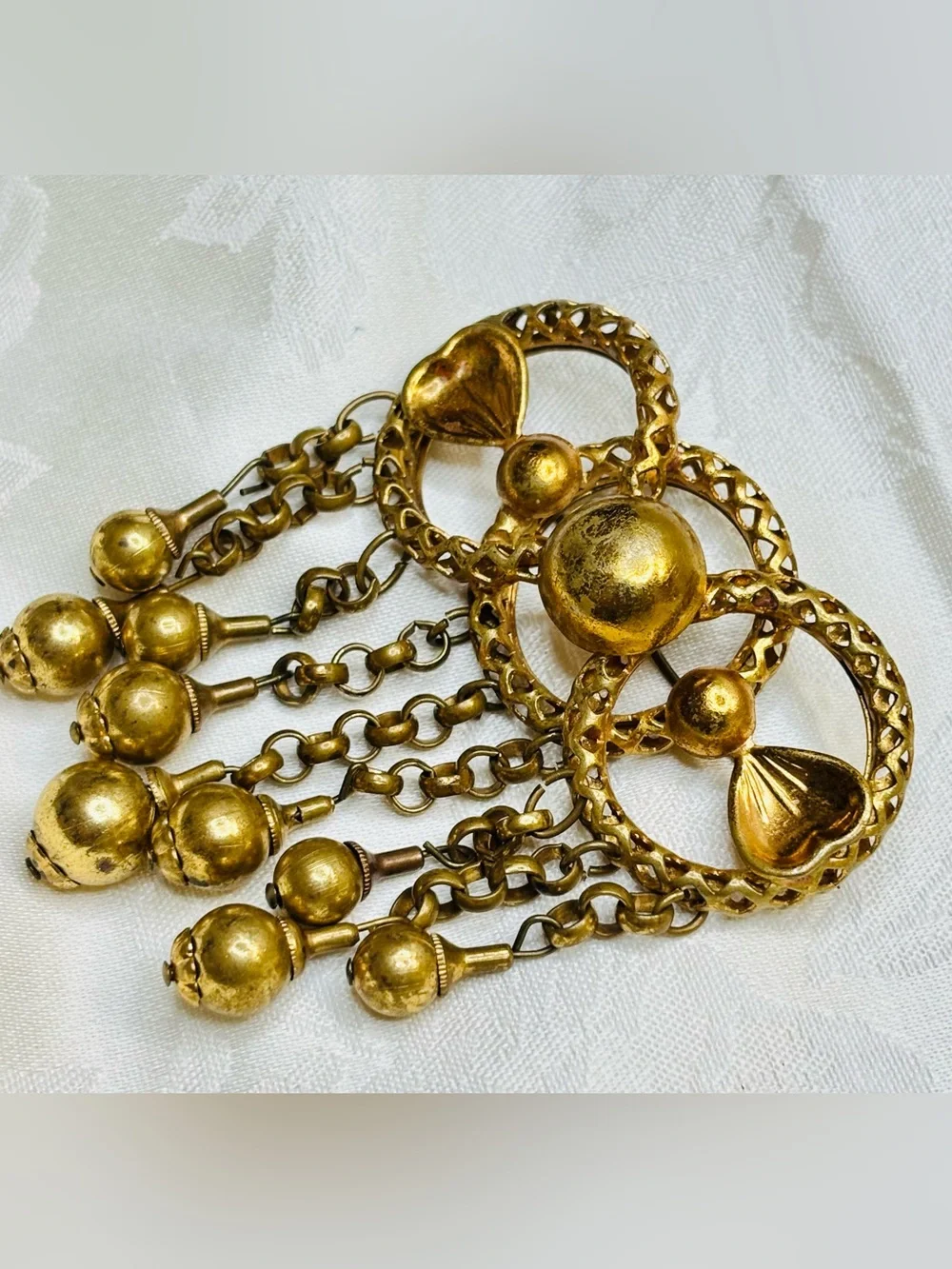 Antique Victorian-Revival 30’s Ornate C-clasp Brass Floral Filigree Brooch